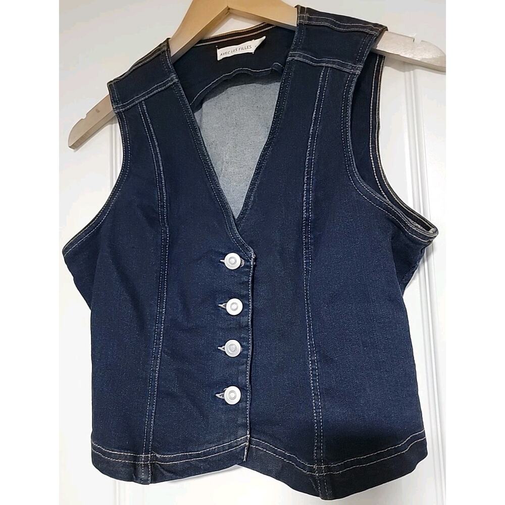 AVEC LES FILLES Dark Navy Denim Vest Chic Sexy Western Silver Buttons Size Small